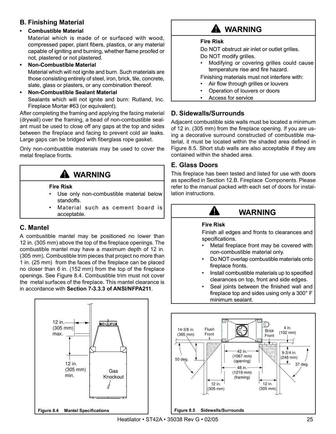 Hearth and Home Technologies ST42A owner manual Finishing Material, Glass Doors, Mantel 