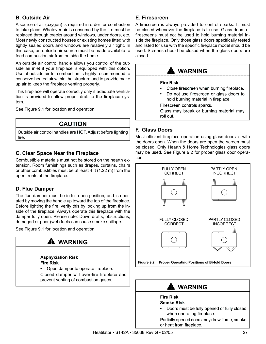 Hearth and Home Technologies ST42A owner manual Outside Air, Firescreen, Clear Space Near the Fireplace, Flue Damper 