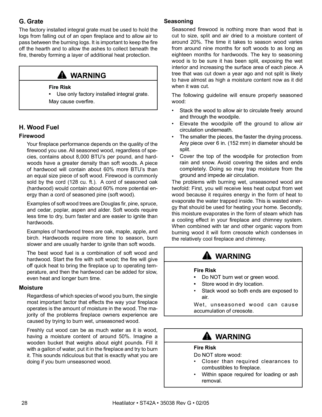 Hearth and Home Technologies ST42A owner manual Grate, Wood Fuel, Firewood, Moisture, Seasoning 
