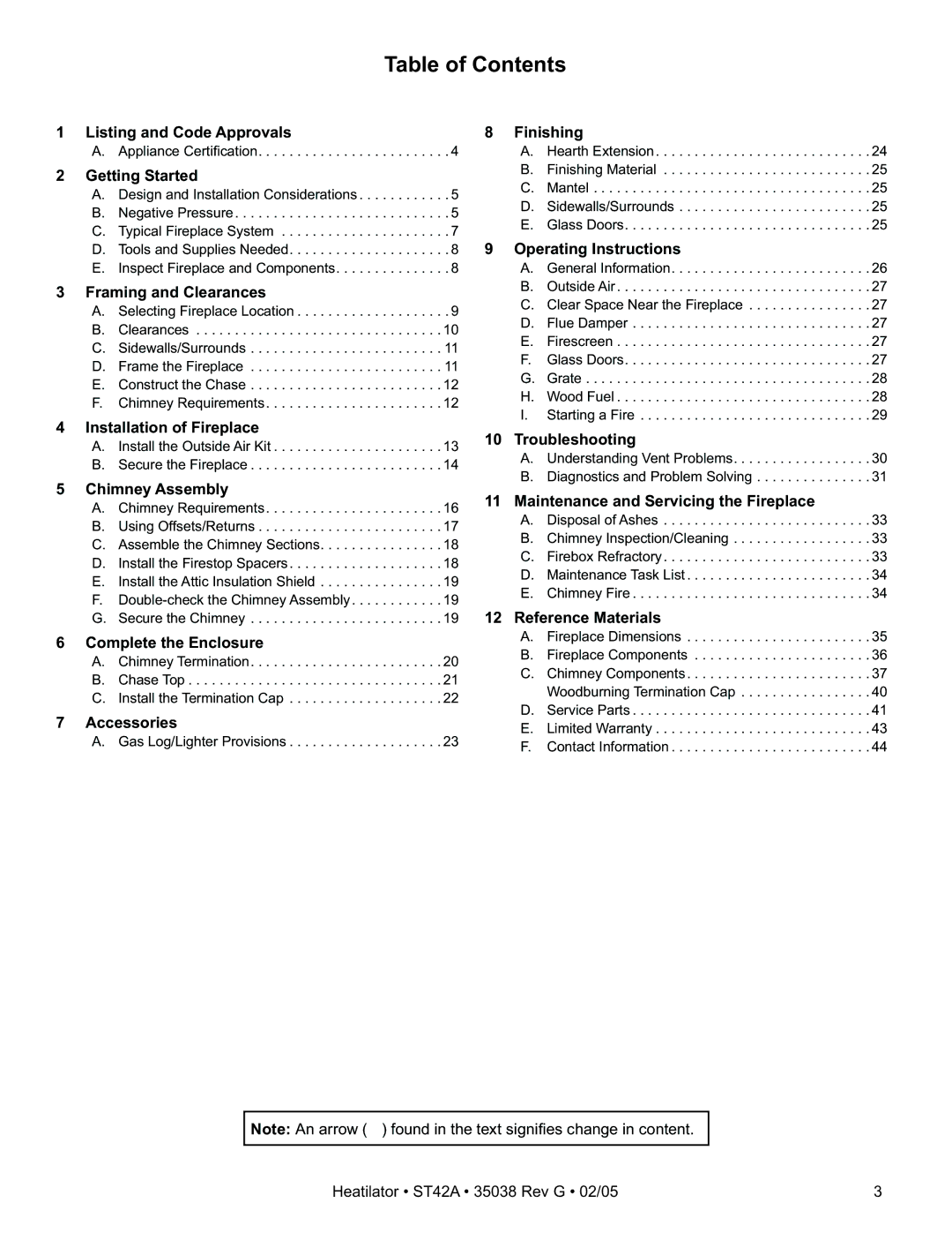 Hearth and Home Technologies ST42A owner manual Table of Contents 