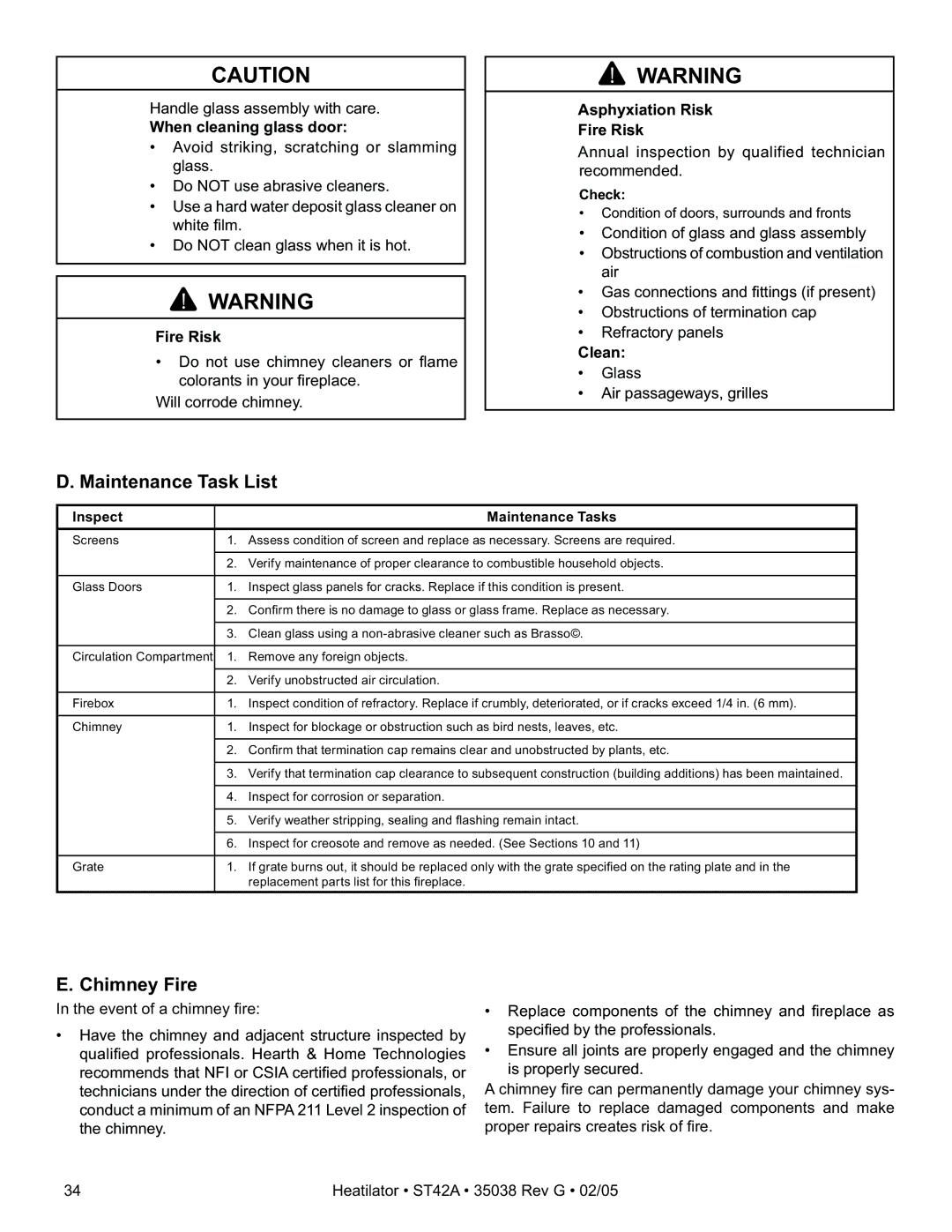 Hearth and Home Technologies ST42A owner manual Maintenance Task List, Chimney Fire, When cleaning glass door, Clean 