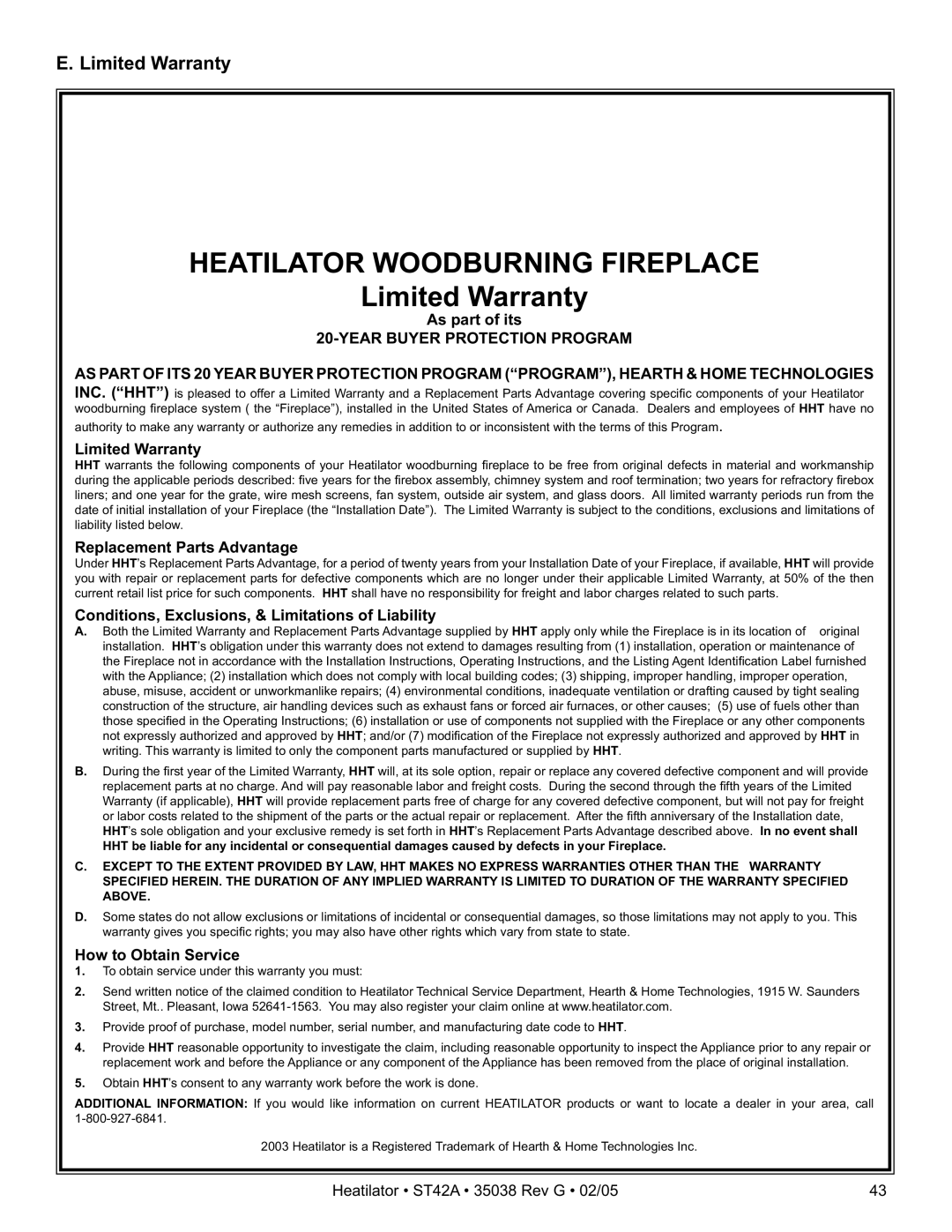 Hearth and Home Technologies ST42A owner manual Limited Warranty 