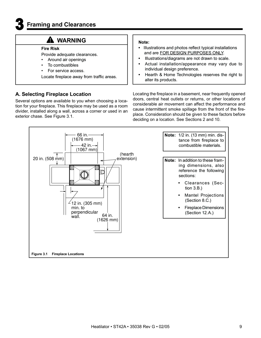 Hearth and Home Technologies ST42A owner manual Framing and Clearances, Selecting Fireplace Location 