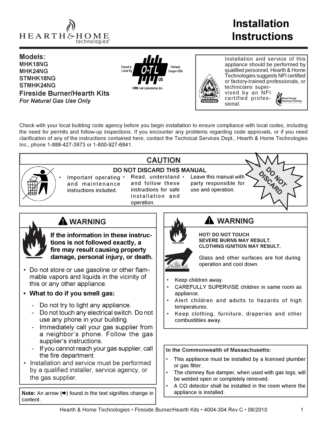 Hearth and Home Technologies MHK24NG installation instructions What to do if you smell gas, Commonwealth of Massachusetts 