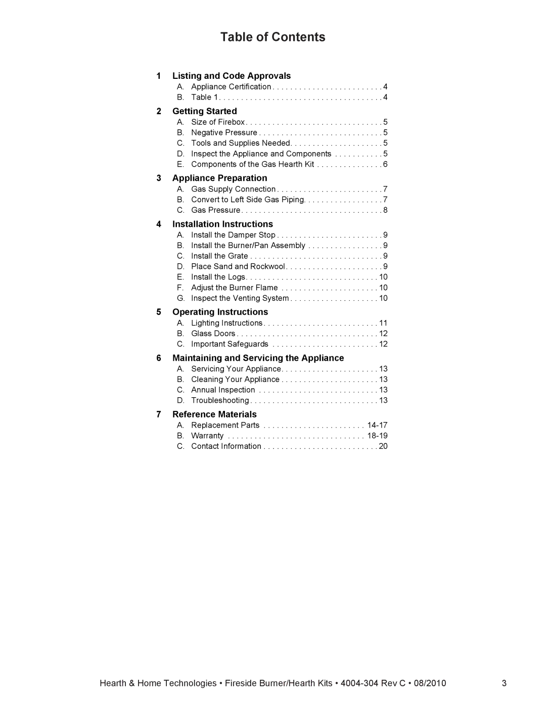 Hearth and Home Technologies MTMHK18NG, STMHK24NG installation instructions Table of Contents 