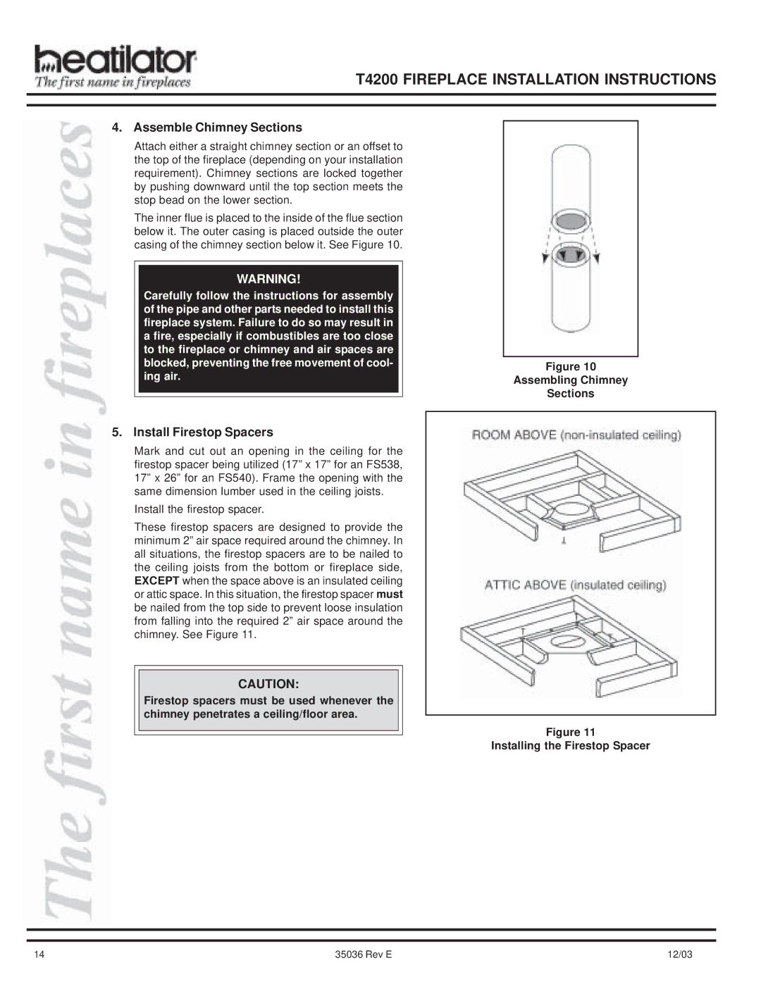 Hearth and Home Technologies T4200 manual Assemble Chimney Sections, Install Firestop Spacers 