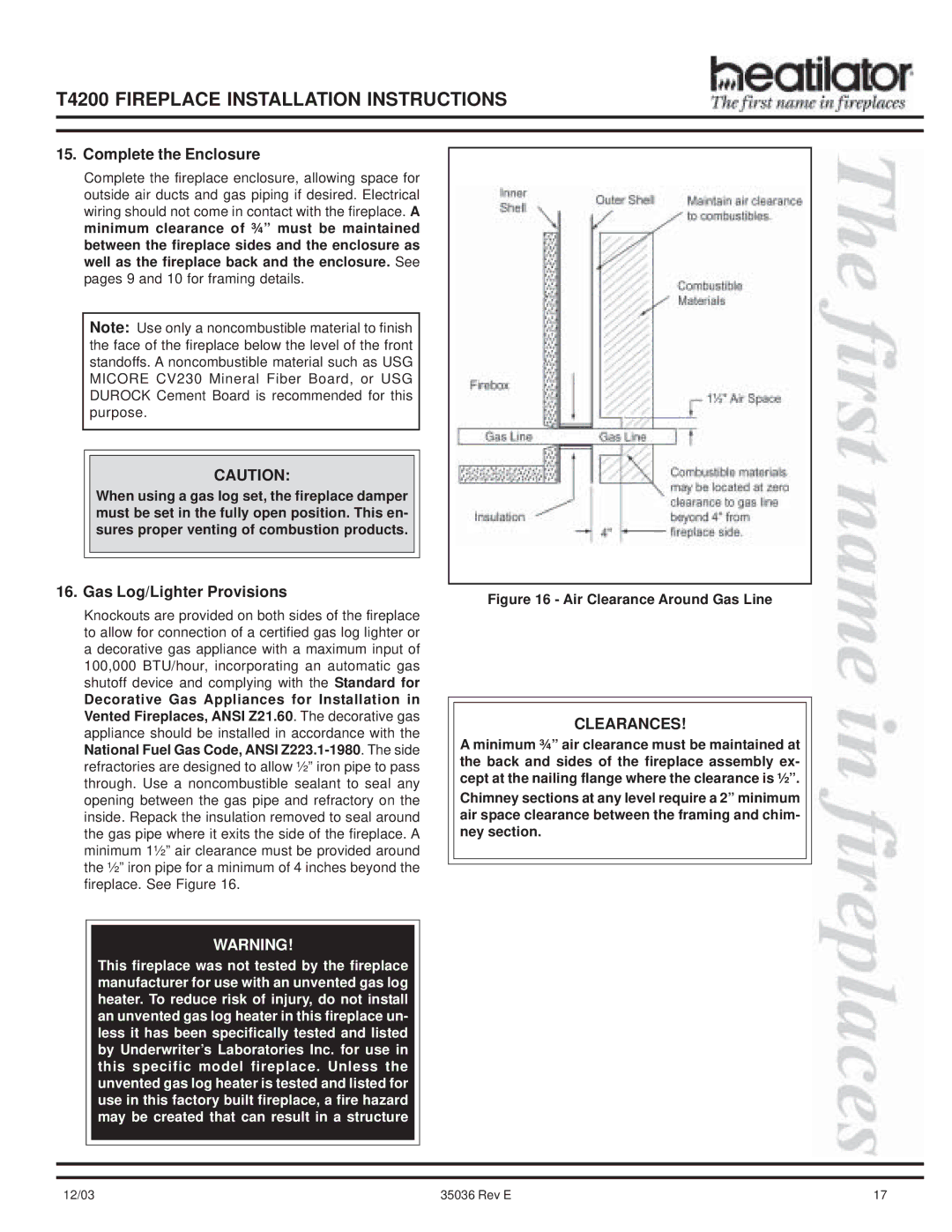 Hearth and Home Technologies T4200 manual Complete the Enclosure, Gas Log/Lighter Provisions 