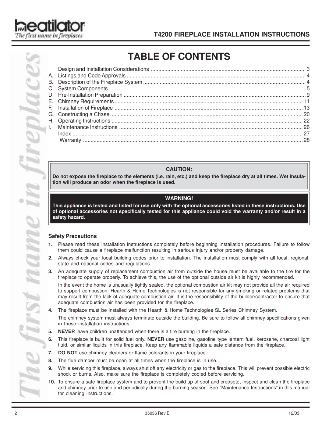 Hearth and Home Technologies T4200 manual Table of Contents 