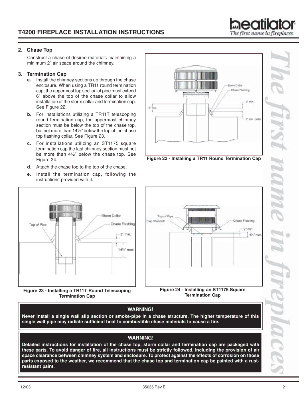 Hearth and Home Technologies T4200 manual Chase Top, Termination Cap 