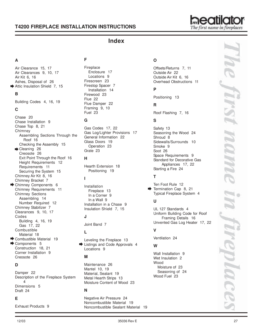 Hearth and Home Technologies T4200 manual Index 