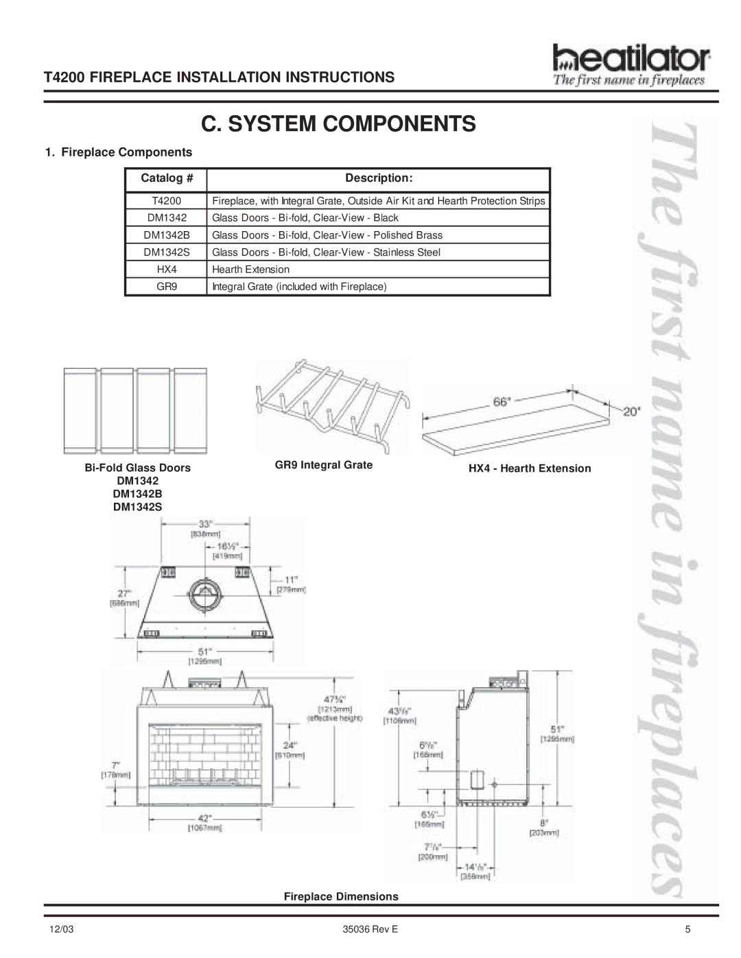 Hearth and Home Technologies T4200 manual System Components, Fireplace Components Catalog # Description 