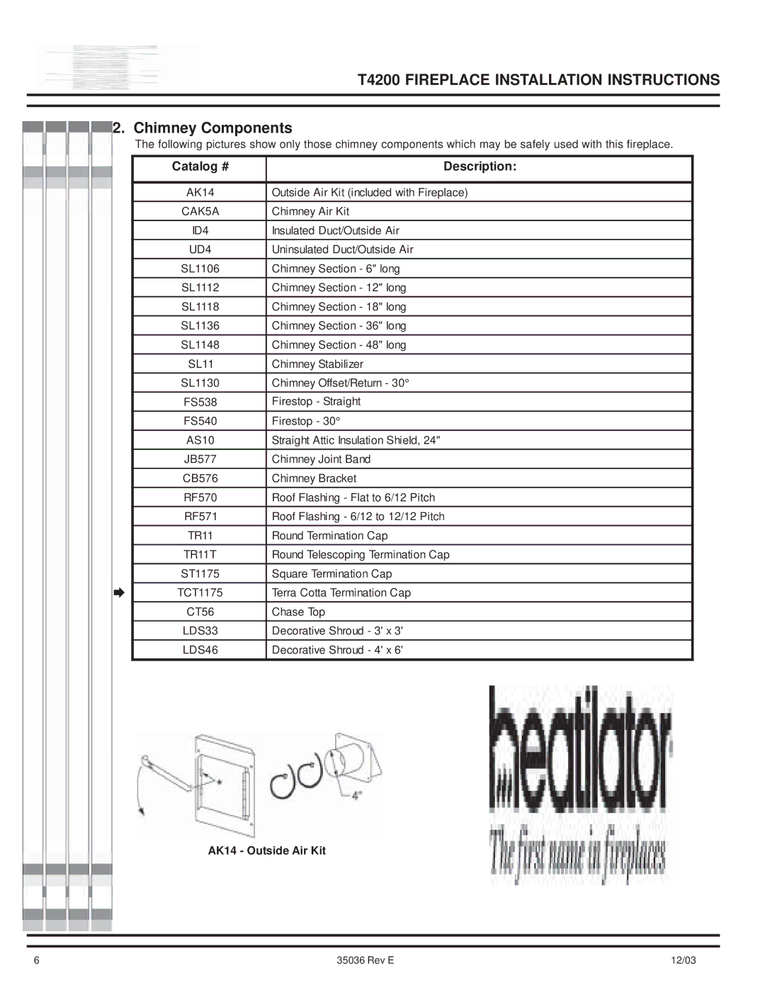 Hearth and Home Technologies T4200 manual Chimney Components, Catalog # Description 