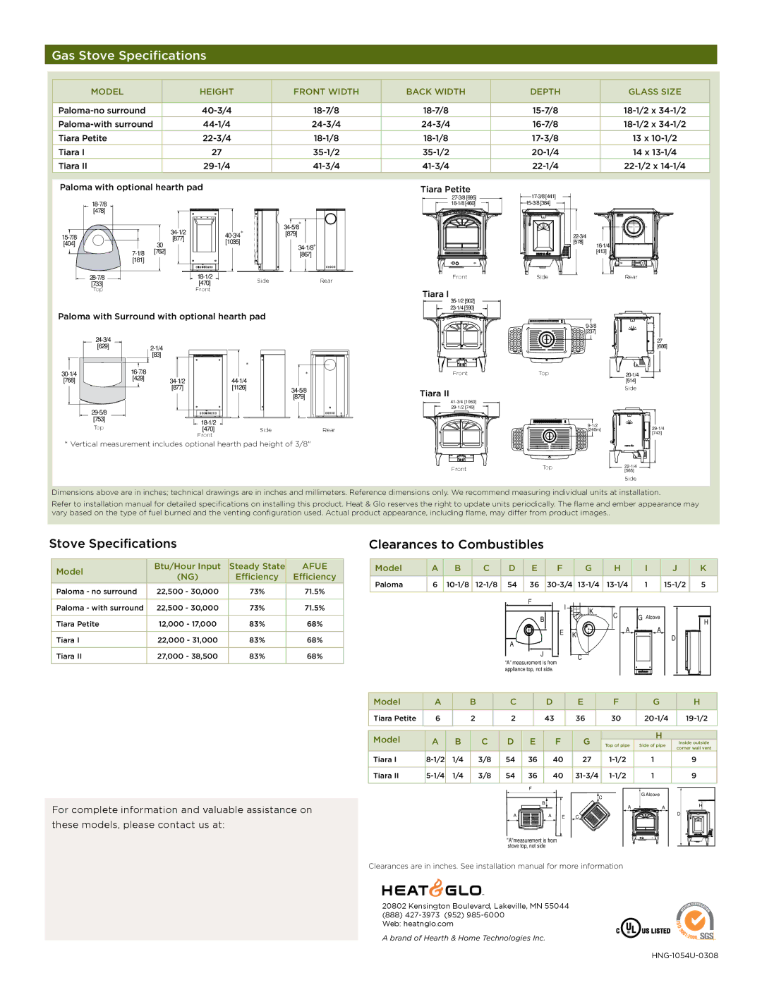 Hearth and Home Technologies TIARA II manual Gas Stove Specifications 