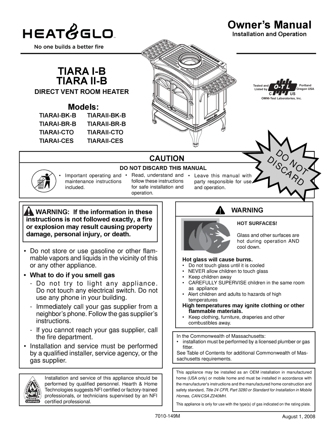 Hearth and Home Technologies TIARA II-B, TIARAI-CES owner manual What to do if you smell gas, Installation and Operation 