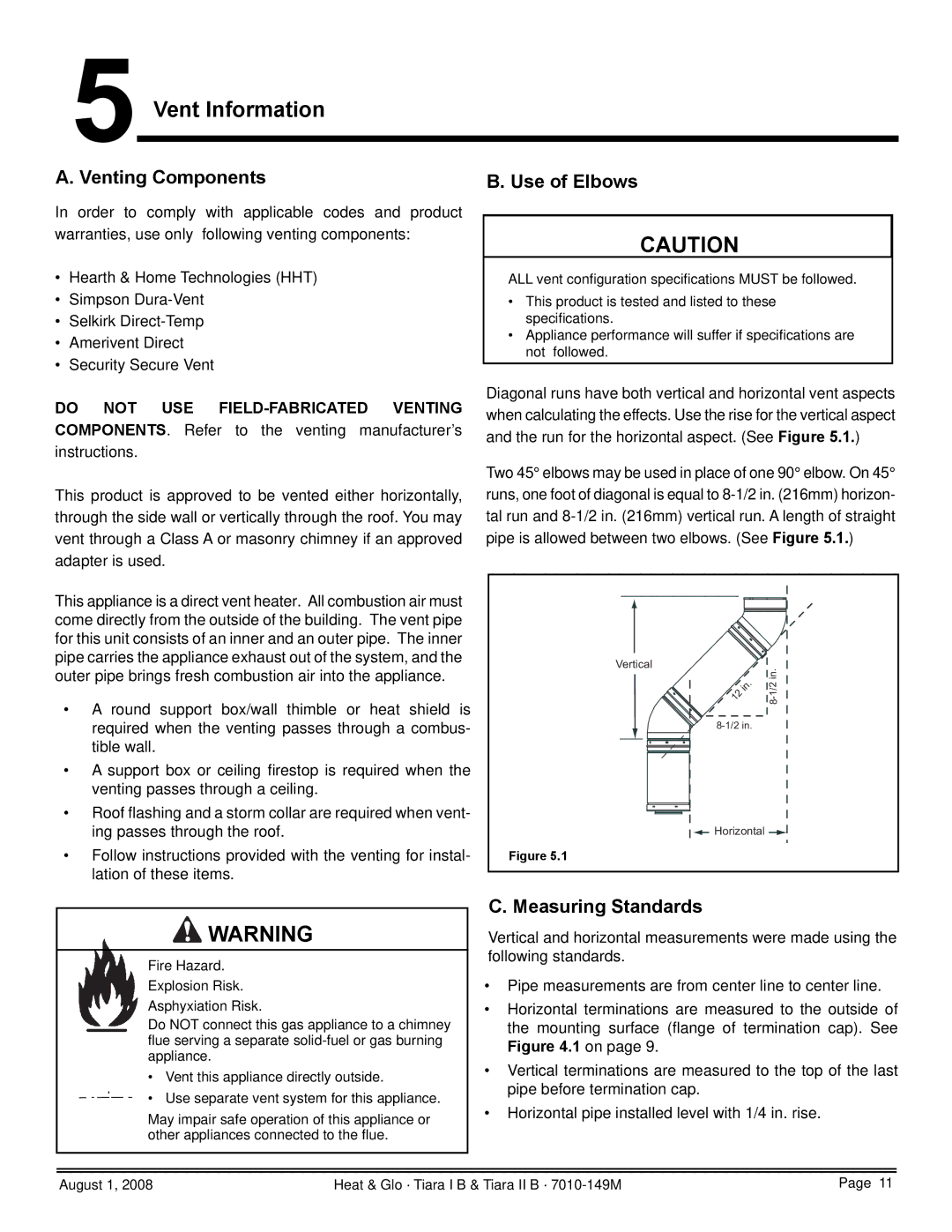 Hearth and Home Technologies TIARAI-CTO Vent Information, Venting Components, Use of Elbows, Measuring Standards 