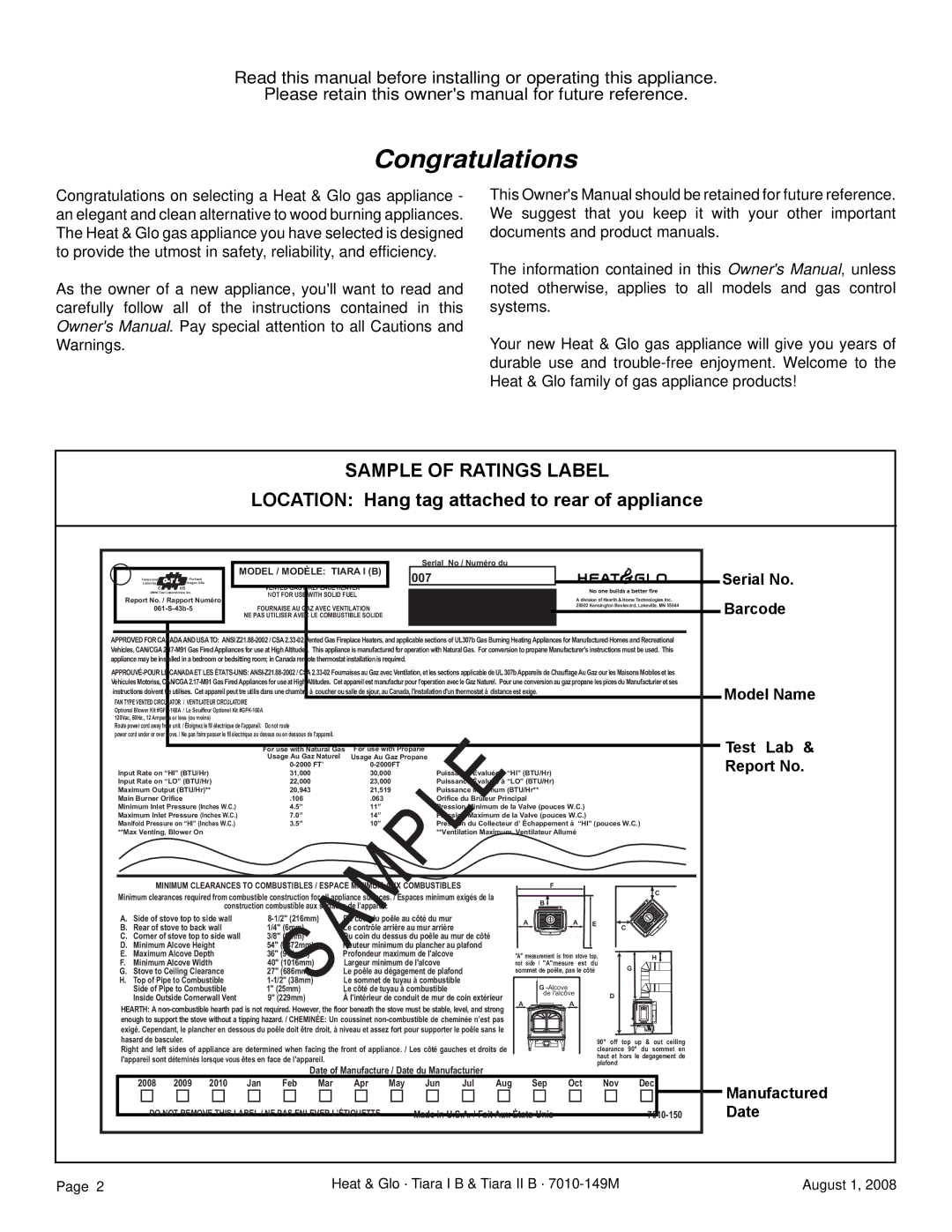 Hearth and Home Technologies TIARAI-BR-B, TIARAI-CES Congratulations, Location Hang tag attached to rear of appliance 