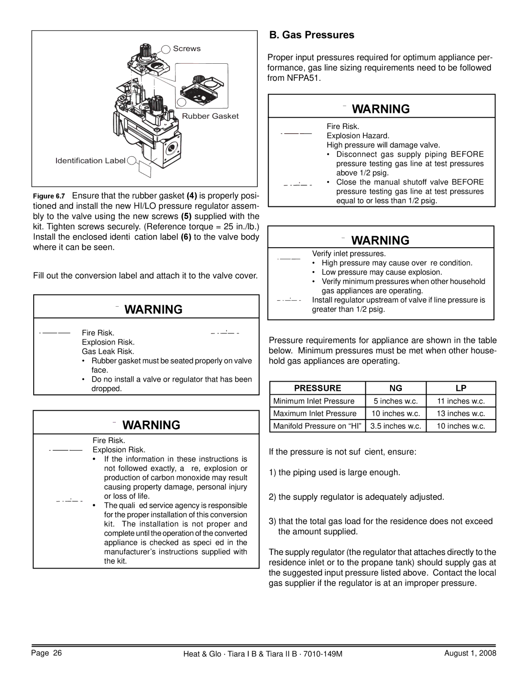 Hearth and Home Technologies TIARAI-BR-B, TIARAI-CES, TIARA II-B Gas Pressures, Screws Rubber Gasket Identification Label F 