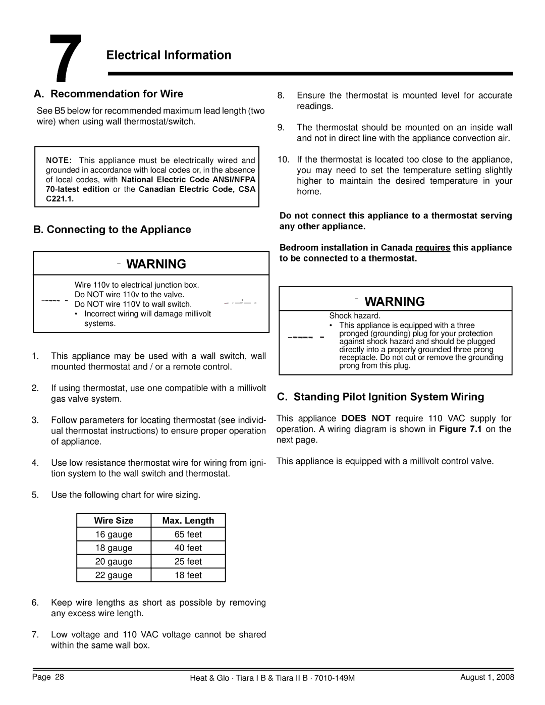 Hearth and Home Technologies TIARAI-BK-B Electrical Information, Recommendation for Wire, Connecting to the Appliance 