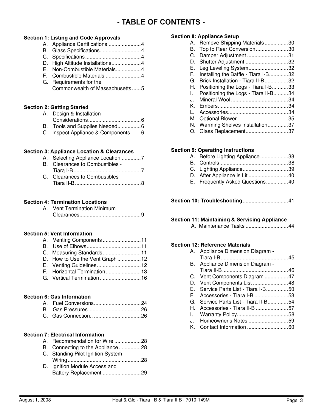 Hearth and Home Technologies TIARA I-B, TIARAI-CES, TIARA II-B, TIARAI-BR-B, TIARAI-BK-B, TIARAI-CTO Table of Contents 