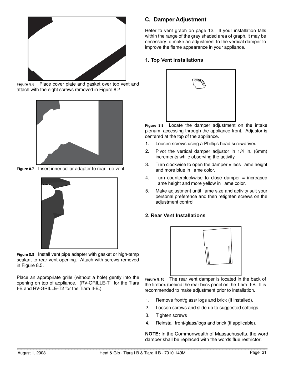 Hearth and Home Technologies TIARA II-B, TIARAI-CES Damper Adjustment, Top Vent Installations, Rear Vent Installations 