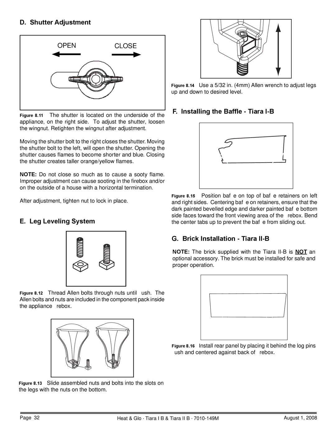 Hearth and Home Technologies TIARAI-BR-B Shutter Adjustment, Leg Leveling System, Installing the Bafﬂe Tiara I-B 