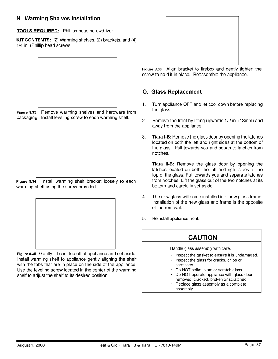 Hearth and Home Technologies TIARA II-B, TIARAI-CES, TIARAI-BR-B, TIARA I-B Warming Shelves Installation, Glass Replacement 
