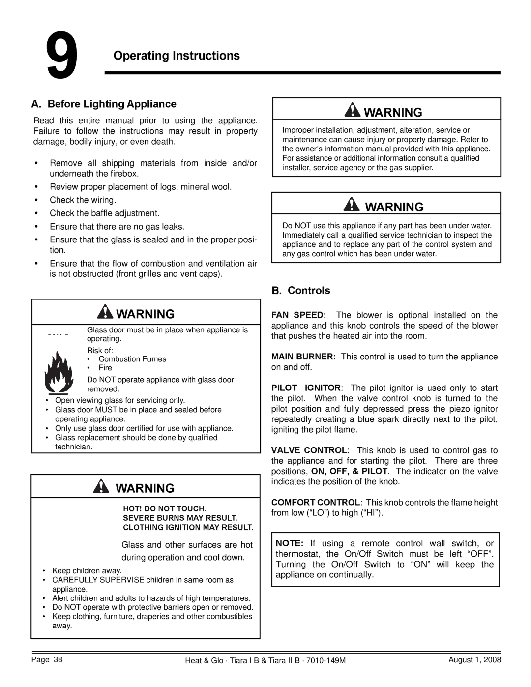 Hearth and Home Technologies TIARAI-BR-B, TIARAI-CES, TIARA I-B Operating Instructions, Before Lighting Appliance, Controls 