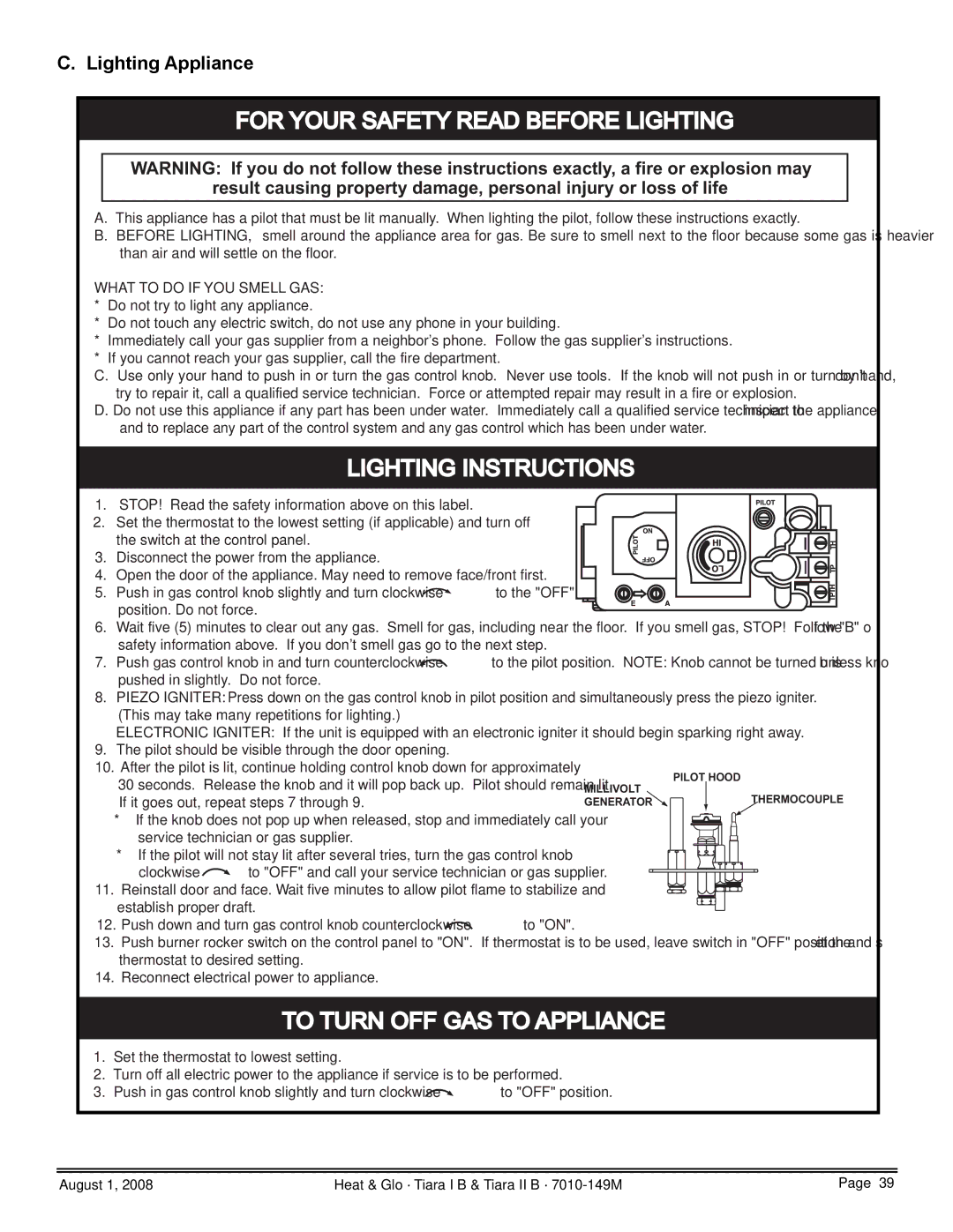 Hearth and Home Technologies TIARA I-B, TIARAI-CES, TIARA II-B For Your Safety Read Before Lighting, Lighting Appliance 