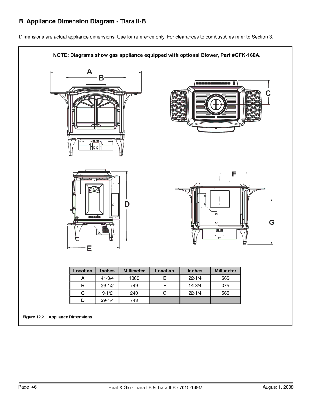 Hearth and Home Technologies TIARAI-BK-B, TIARAI-CES, TIARA II-B, TIARAI-BR-B Appliance Dimension Diagram Tiara II-B 