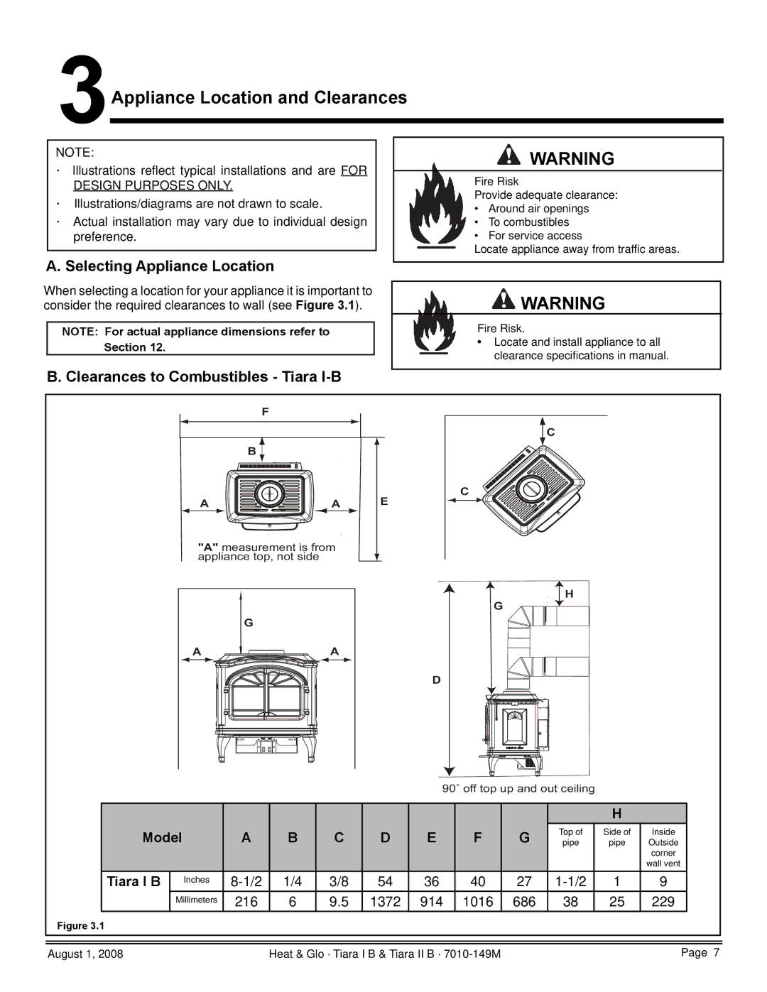 Hearth and Home Technologies TIARA II-B Appliance Location and Clearances, Selecting Appliance Location, Model, Tiara I B 