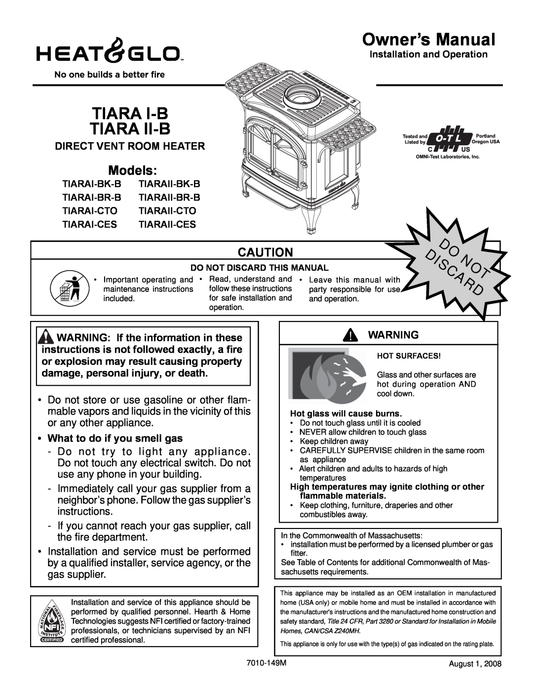 Hearth and Home Technologies TIARA II-B owner manual Owner’s Manual, Direct Vent Room Heater, What to do if you smell gas 