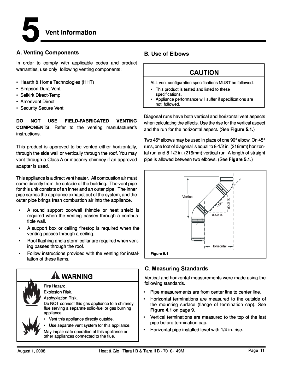 Hearth and Home Technologies TIARAI-CTO Vent Information, A. Venting Components, B. Use of Elbows, C. Measuring Standards 