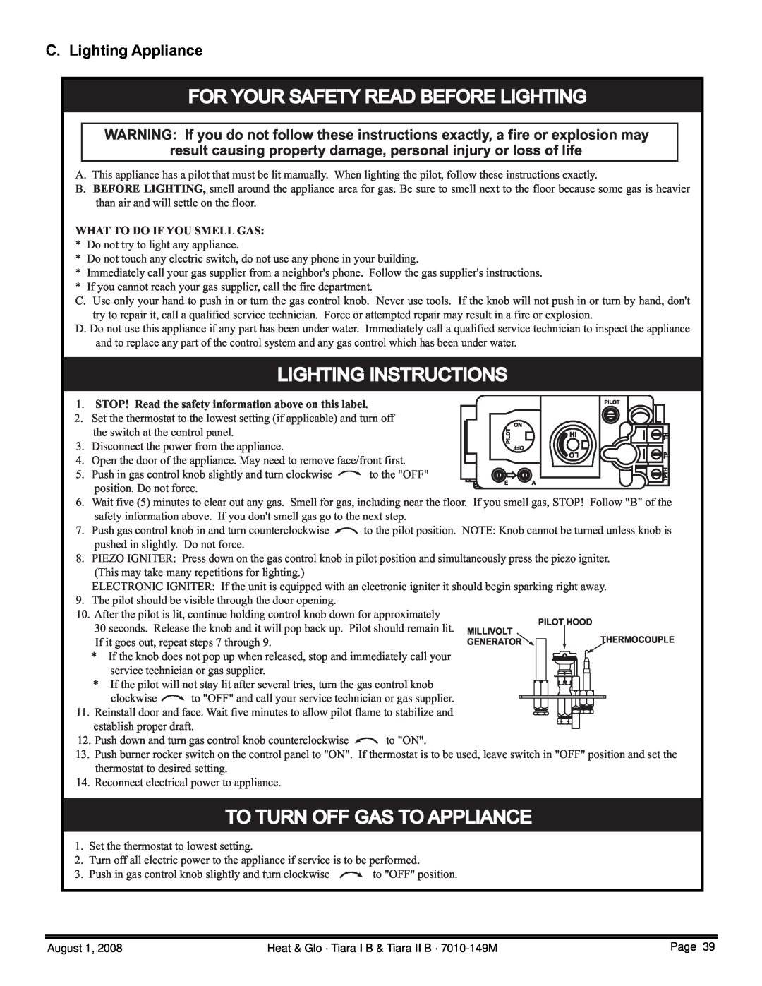 Hearth and Home Technologies TIARA I-B C. Lighting Appliance, For Your Safety Read Before Lighting, Lighting Instructions 