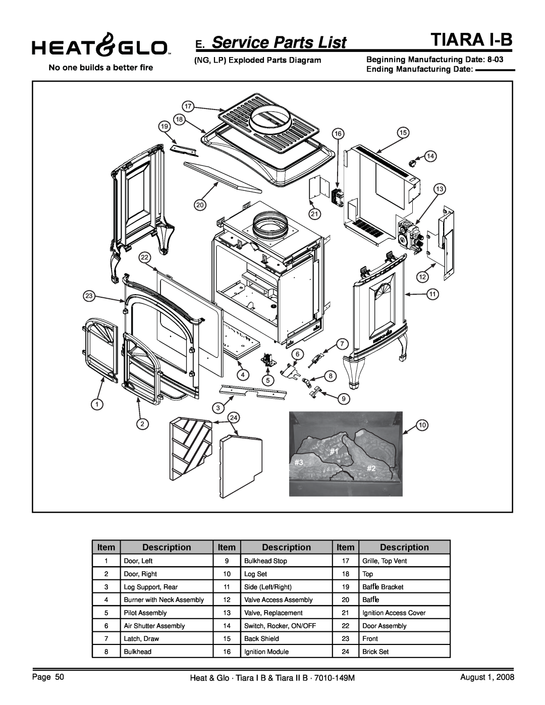 Hearth and Home Technologies TIARAI-BR-B Tiara I-B, E. Service Parts List, Description, NG, LP Exploded Parts Diagram 