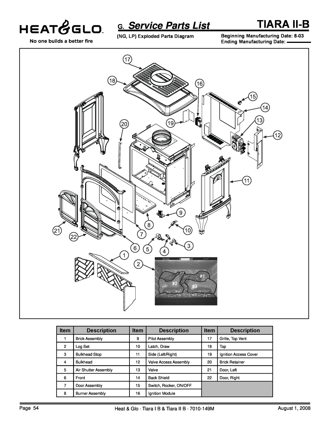 Hearth and Home Technologies TIARAI-CES Tiara Ii-B, G. Service Parts List, Description, NG, LP Exploded Parts Diagram 