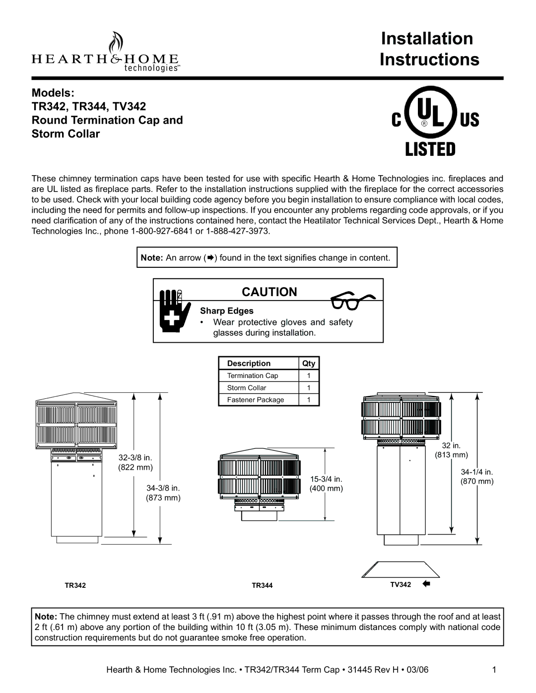 Hearth and Home Technologies TR344, TR342, TV342 installation instructions Installation Instructions, Sharp Edges 