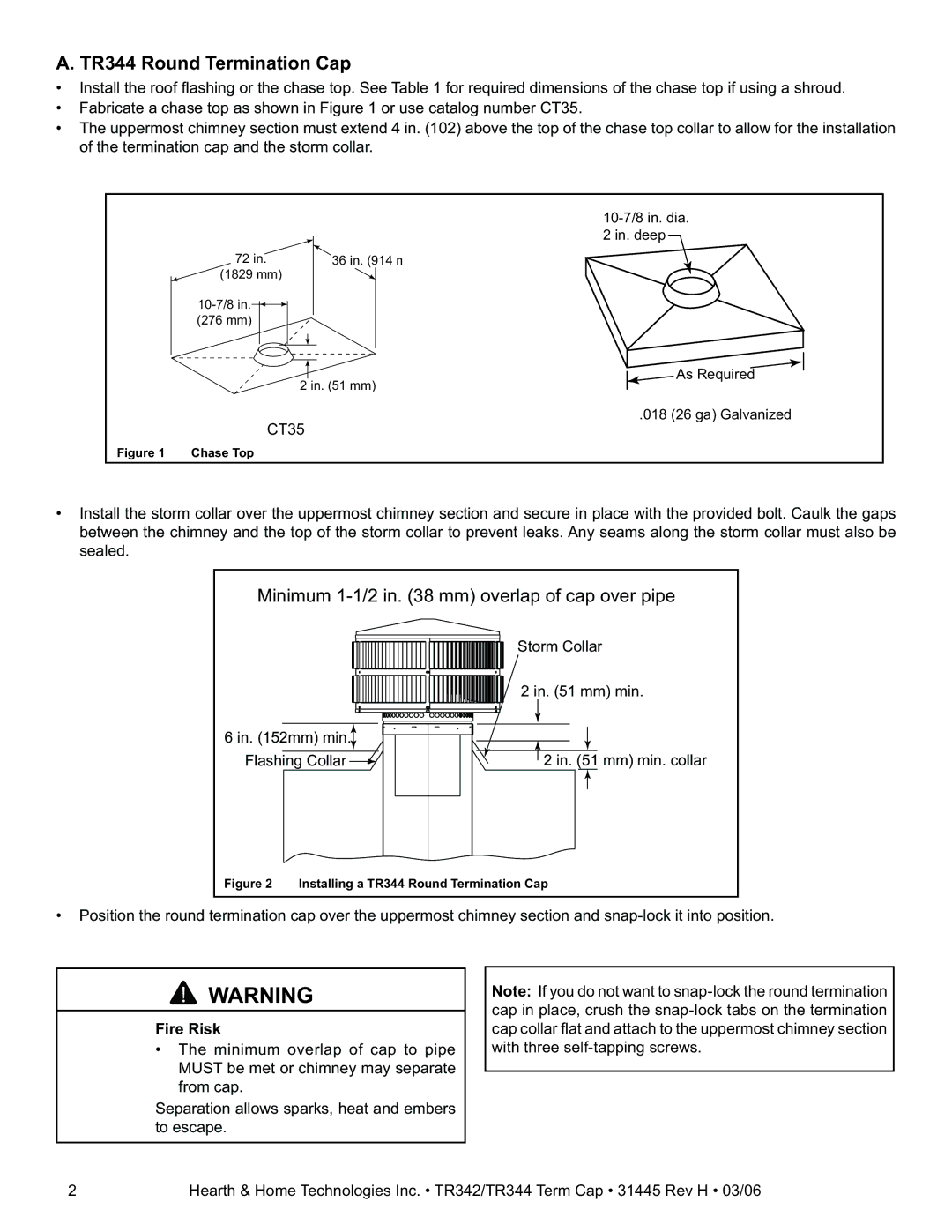 Hearth and Home Technologies TV342, TR342 installation instructions TR344 Round Termination Cap, Fire Risk 