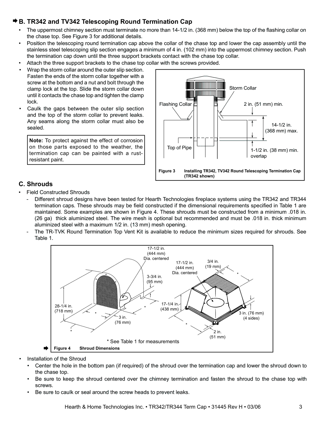 Hearth and Home Technologies TR344 installation instructions TR342 and TV342 Telescoping Round Termination Cap, Shrouds 