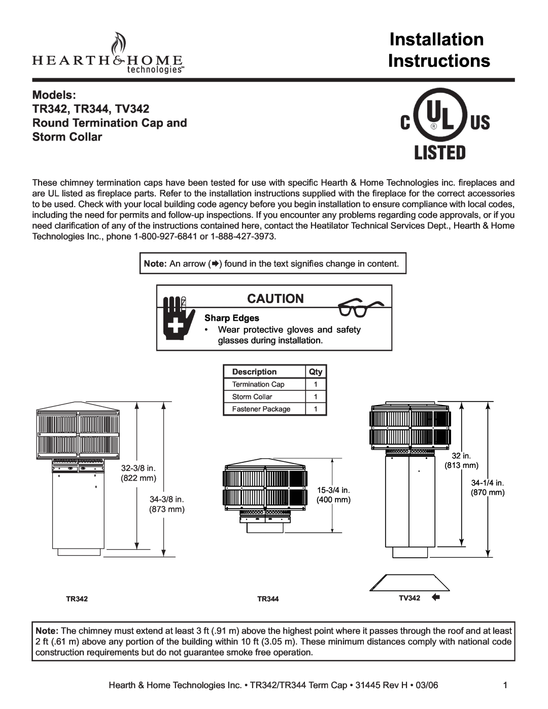 Hearth and Home Technologies TR344, TR342, TV342 installation instructions Sharp Edges, Installation Instructions 