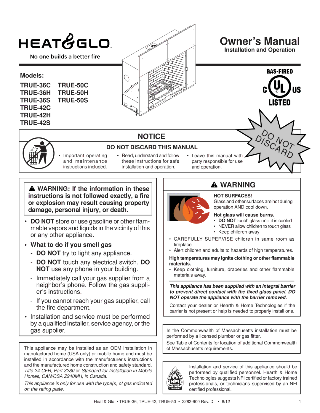 Hearth and Home Technologies TRUE-36 owner manual Models, What to do if you smell gas, Do Discardnot, HOT Surfaces 