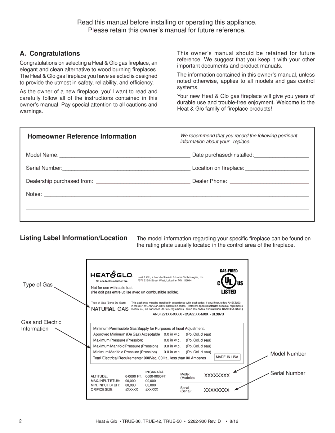 Hearth and Home Technologies TRUE-50, TRUE-42, TRUE-36 owner manual Congratulations, Homeowner Reference Information 