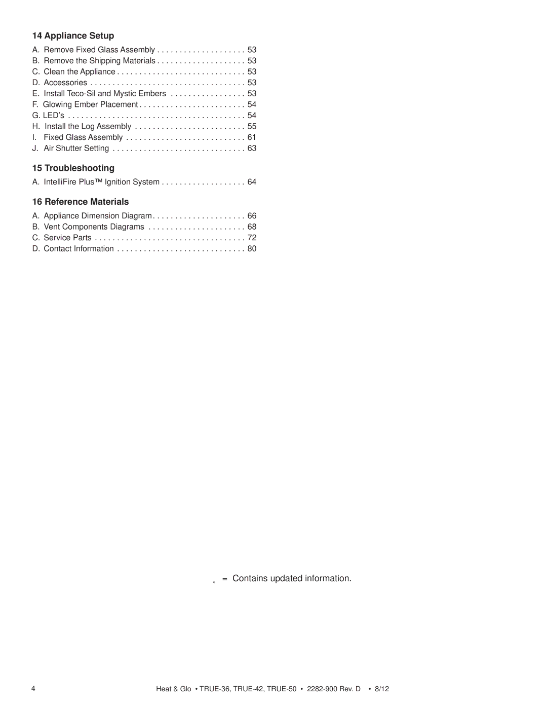 Hearth and Home Technologies TRUE-36, TRUE-42, TRUE-50 owner manual Appliance Setup, Troubleshooting, Reference Materials 