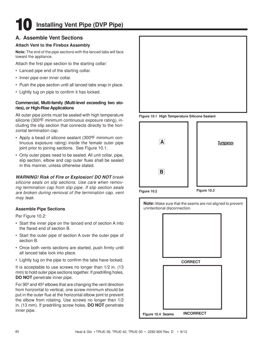 Hearth and Home Technologies TRUE-36 Installing Vent Pipe DVP Pipe, Assemble Vent Sections, Assemble Pipe Sections 