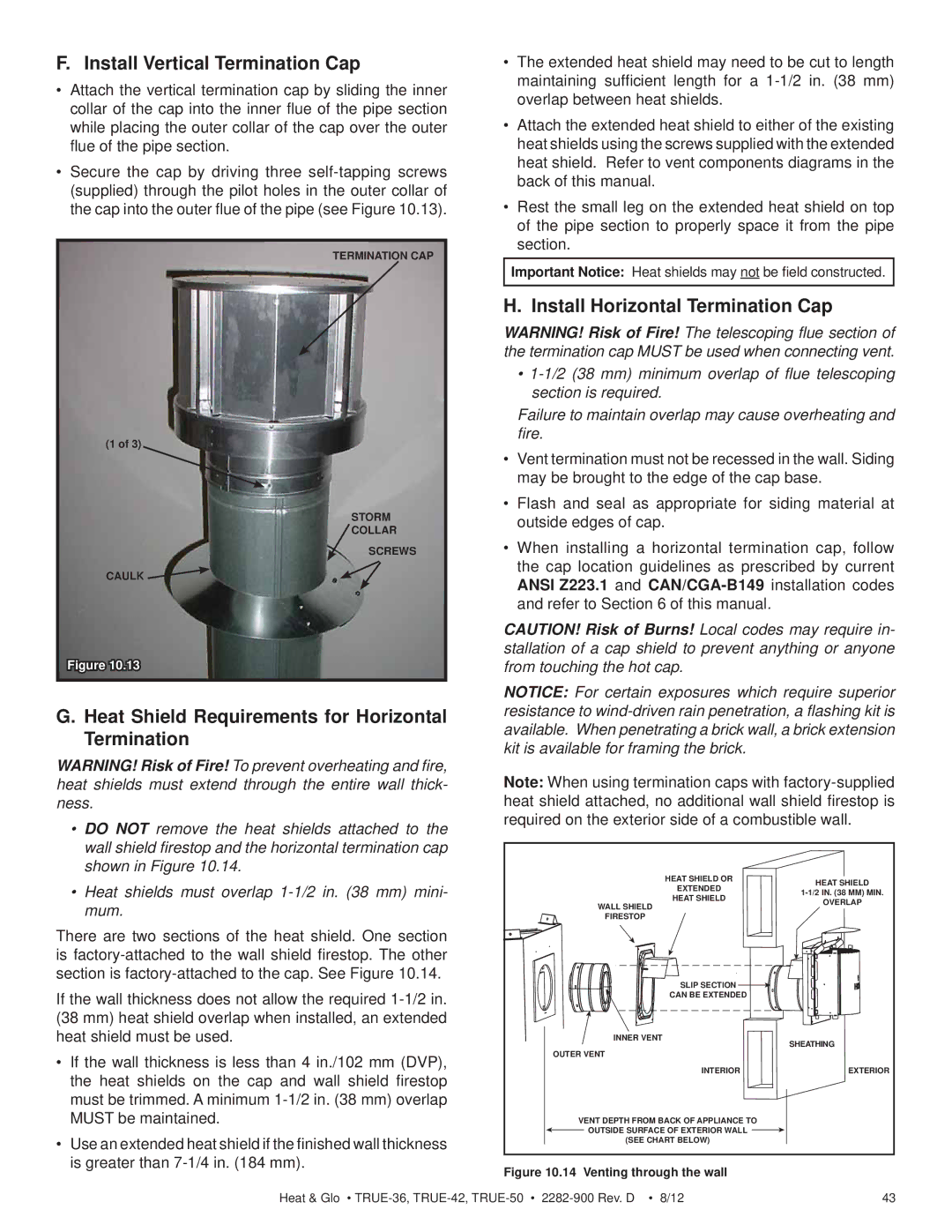 Hearth and Home Technologies TRUE-36 Install Vertical Termination Cap, Heat Shield Requirements for Horizontal Termination 