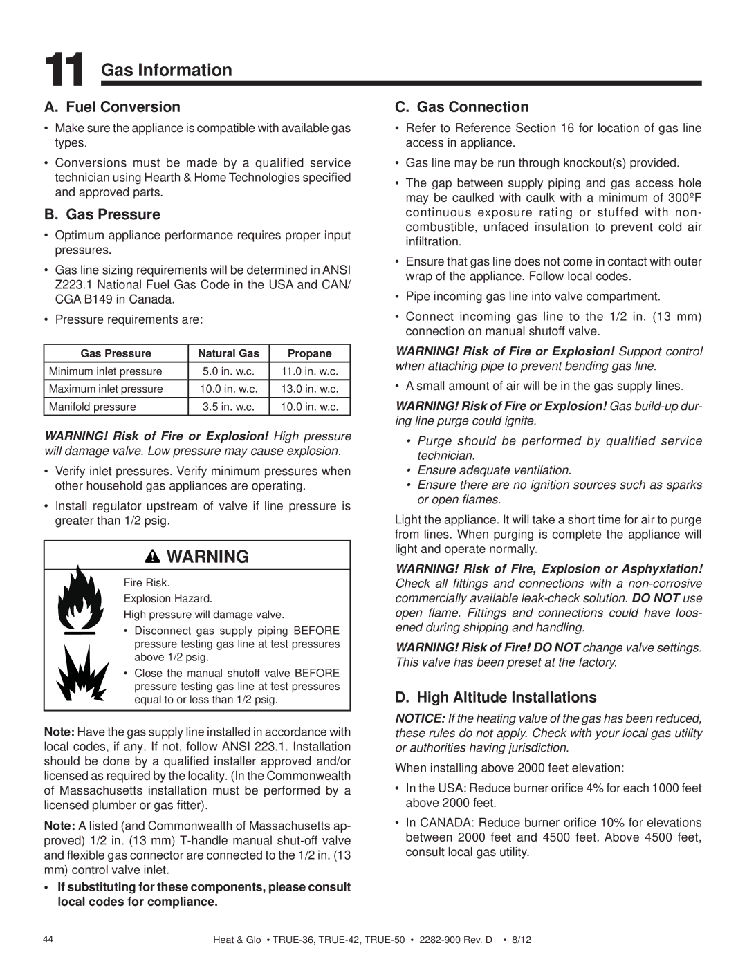 Hearth and Home Technologies TRUE-50, TRUE-42, TRUE-36 Gas Information, Fuel Conversion, Gas Pressure, Gas Connection 