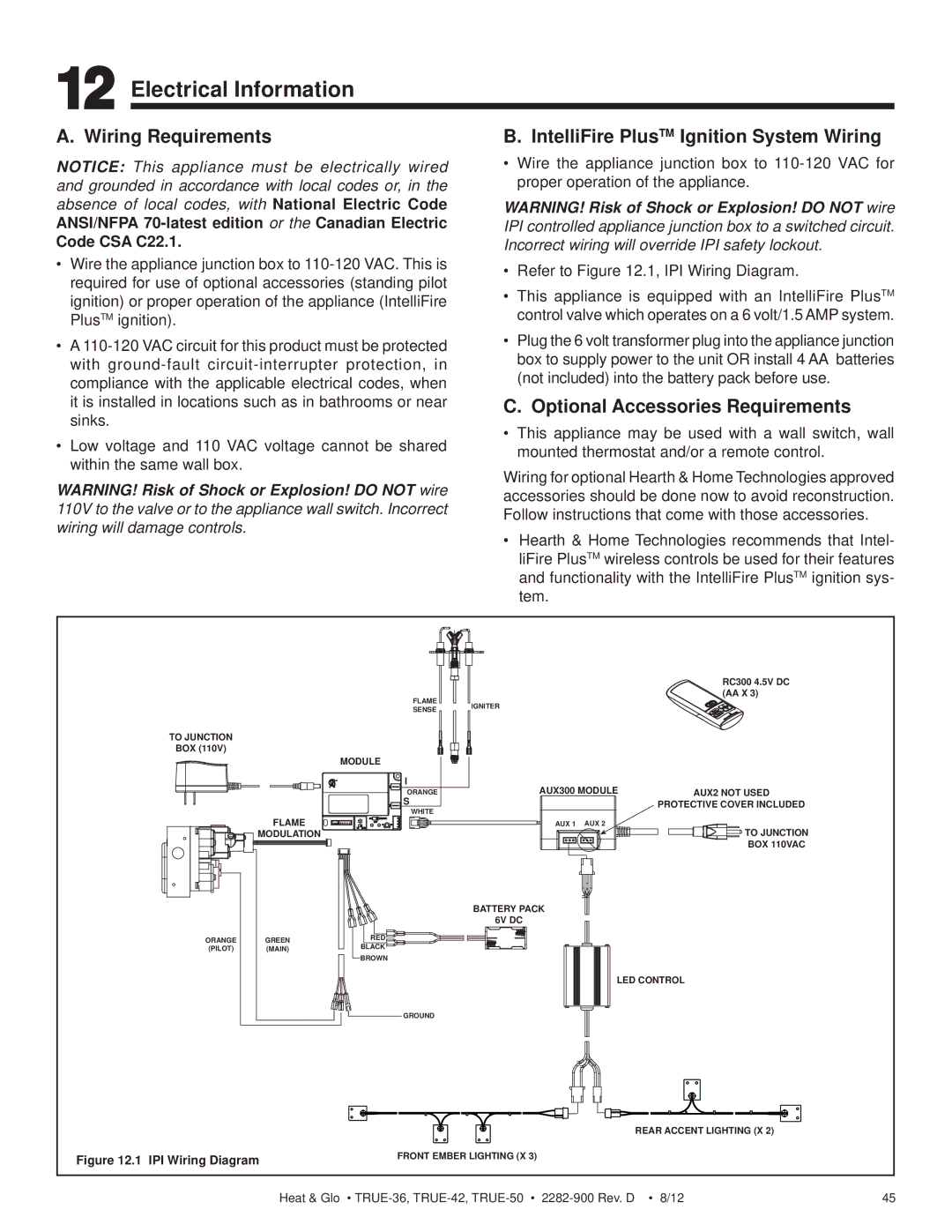 Hearth and Home Technologies TRUE-42 Electrical Information, Wiring Requirements, Optional Accessories Requirements 