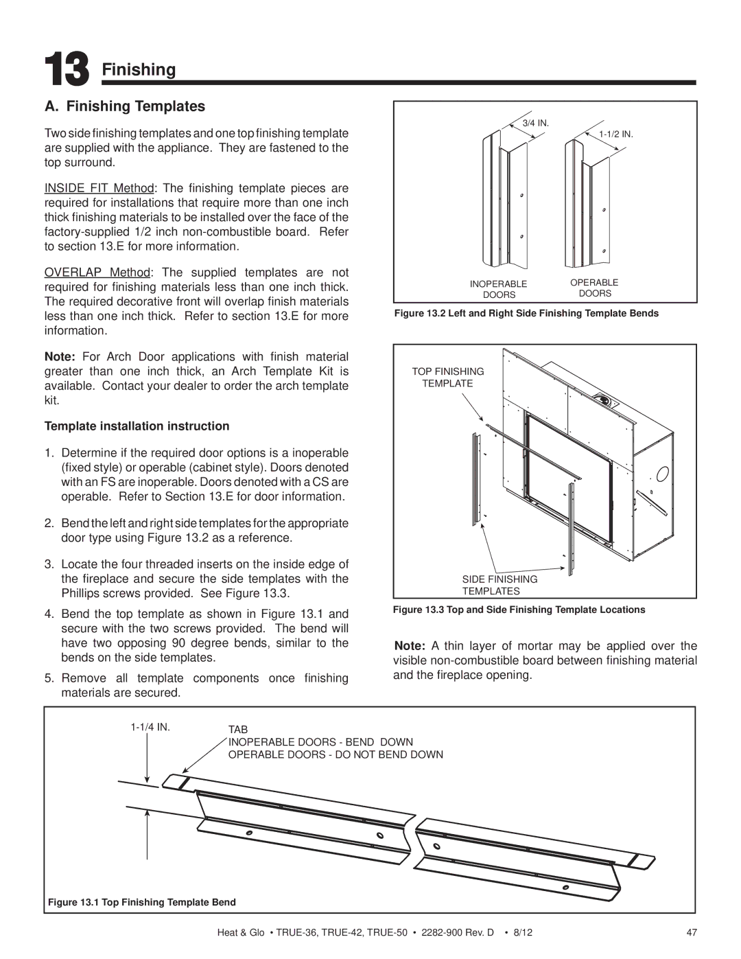 Hearth and Home Technologies TRUE-50, TRUE-42, TRUE-36 Finishing Templates, Template installation instruction 