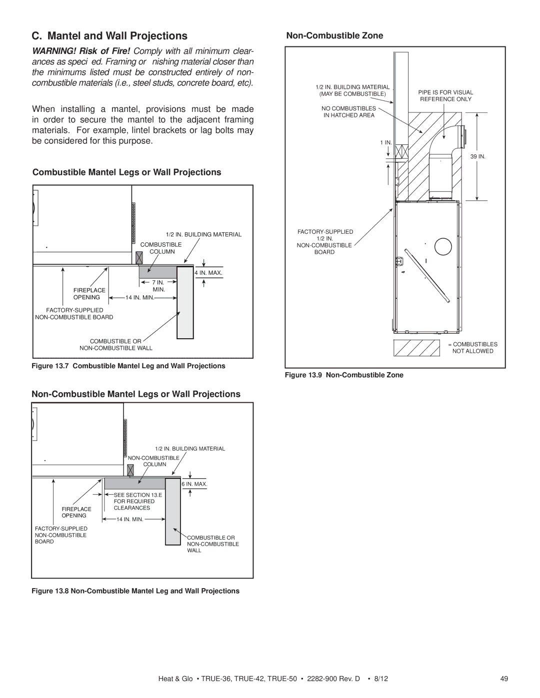 Hearth and Home Technologies TRUE-36, TRUE-42, TRUE-50 owner manual FACTORY-SUPPLIED NON-COMBUSTIBLE Combustible or Board 