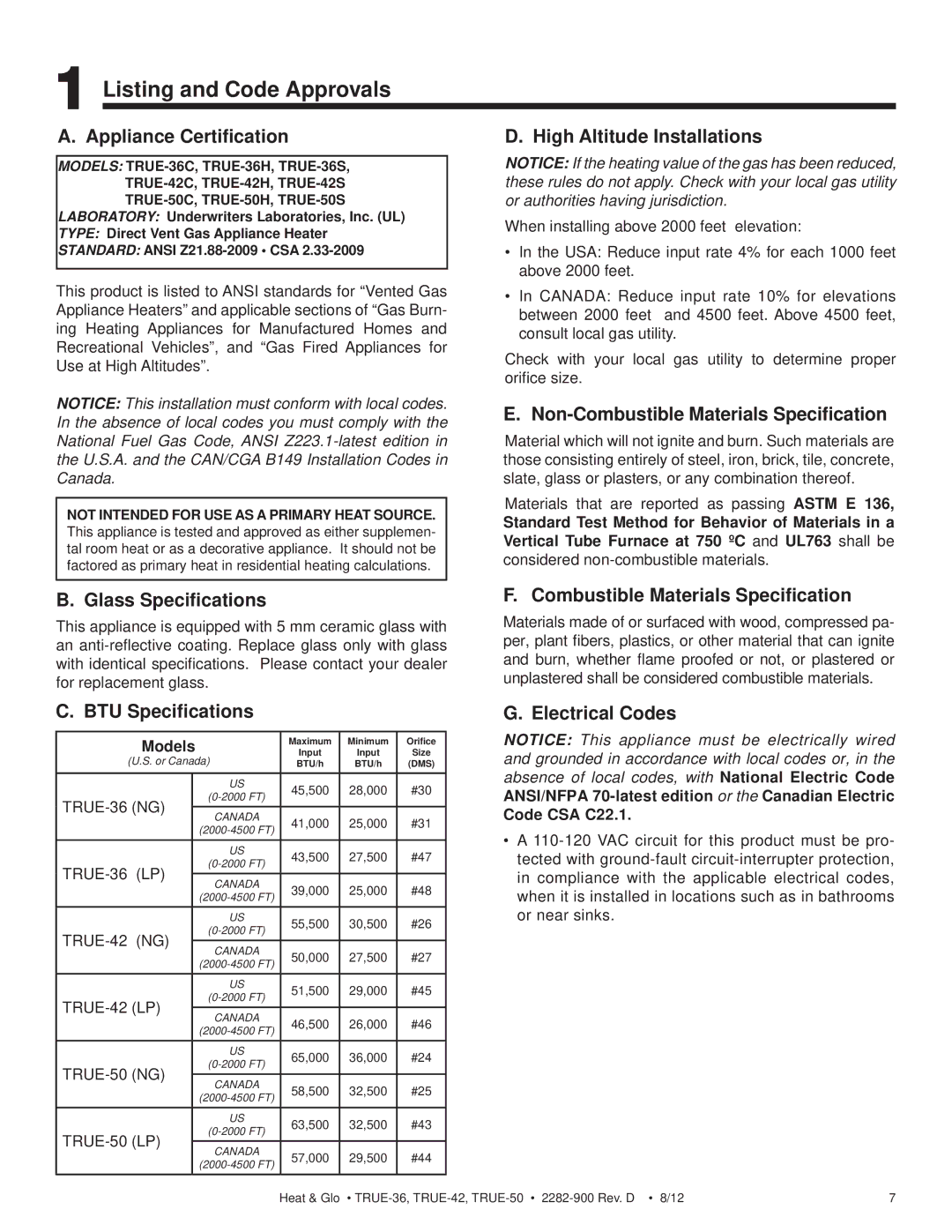 Hearth and Home Technologies TRUE-36, TRUE-42, TRUE-50 owner manual Listing and Code Approvals 