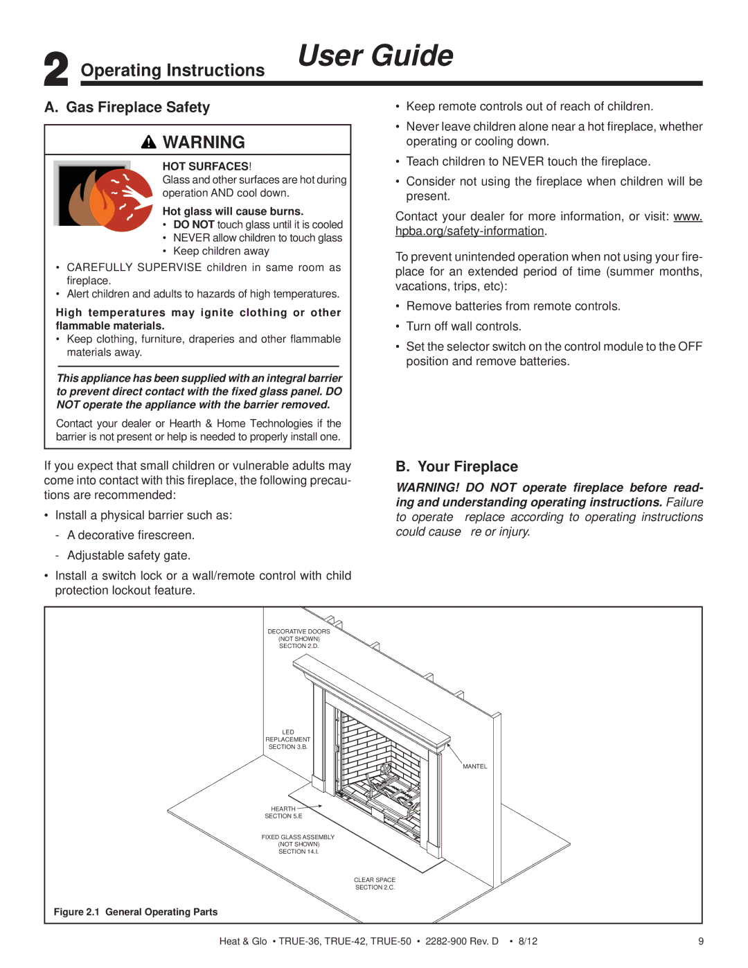 Hearth and Home Technologies TRUE-42, TRUE-36 Operating Instructions User Guide, Gas Fireplace Safety, Your Fireplace 